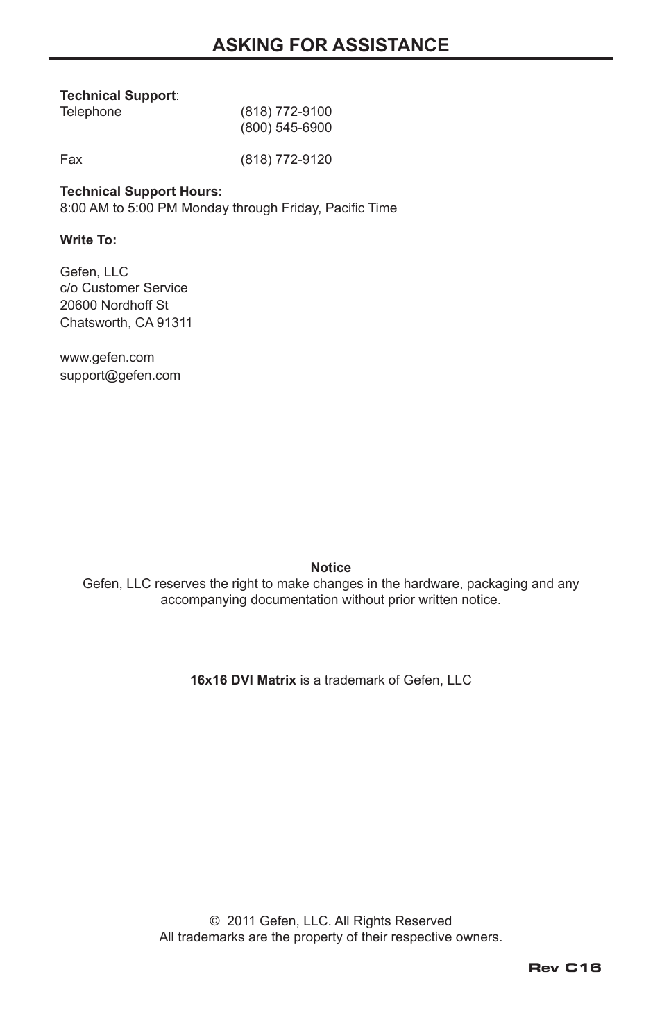 Asking for assistance | Gefen DVI MATRIX EXT-DVI-16416 User Manual | Page 3 / 72