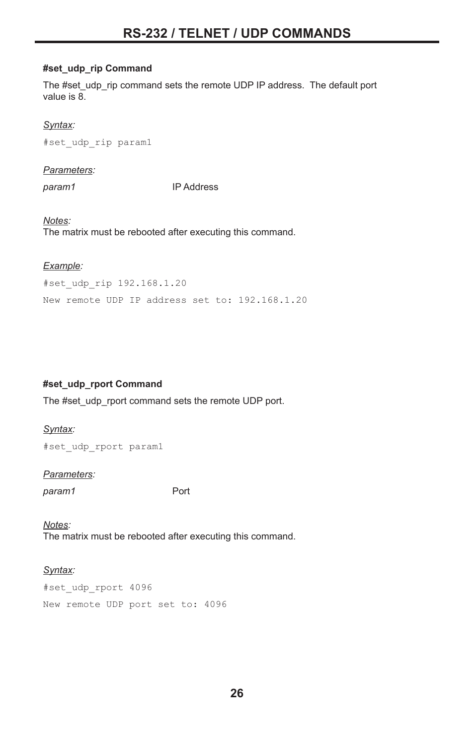 Rs-232 / telnet / udp commands | Gefen DVI MATRIX EXT-DVI-16416 User Manual | Page 30 / 72