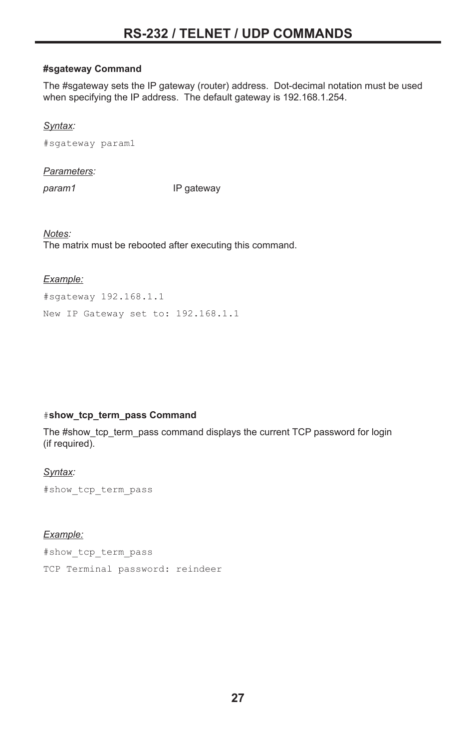 Rs-232 / telnet / udp commands | Gefen DVI MATRIX EXT-DVI-16416 User Manual | Page 31 / 72