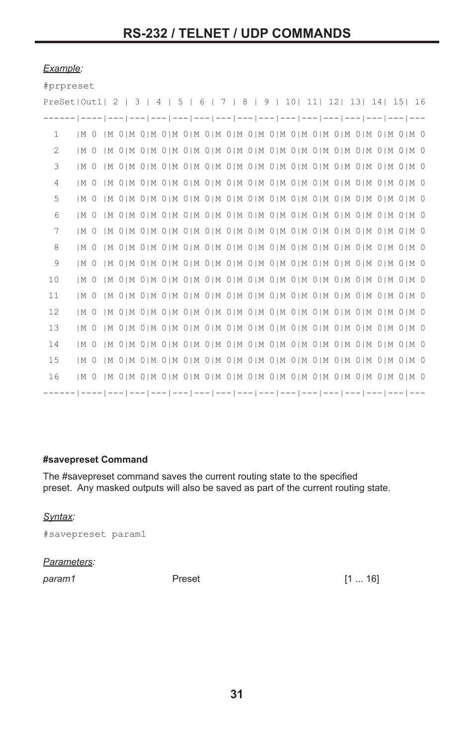 Rs-232 / telnet / udp commands | Gefen DVI MATRIX EXT-DVI-16416 User Manual | Page 35 / 72