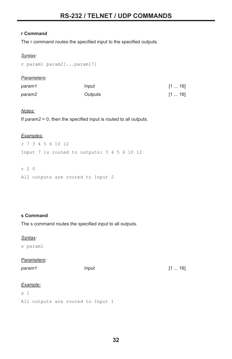 Rs-232 / telnet / udp commands | Gefen DVI MATRIX EXT-DVI-16416 User Manual | Page 36 / 72
