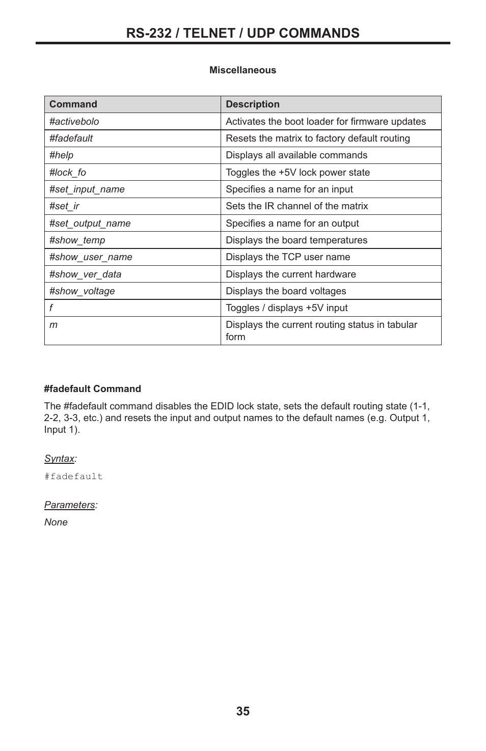 Rs-232 / telnet / udp commands | Gefen DVI MATRIX EXT-DVI-16416 User Manual | Page 39 / 72