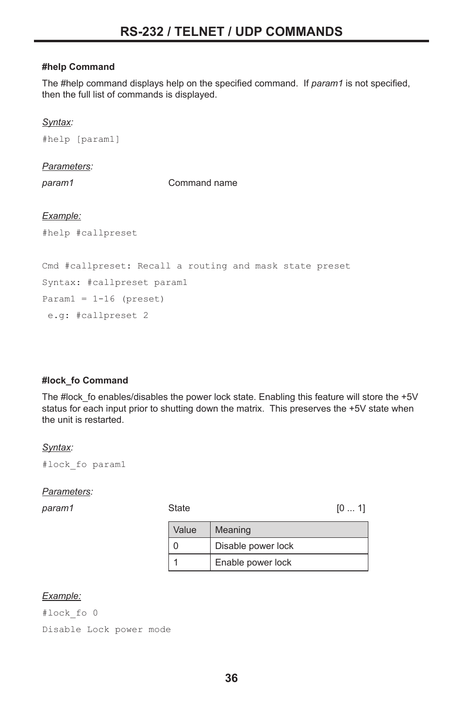 Rs-232 / telnet / udp commands | Gefen DVI MATRIX EXT-DVI-16416 User Manual | Page 40 / 72
