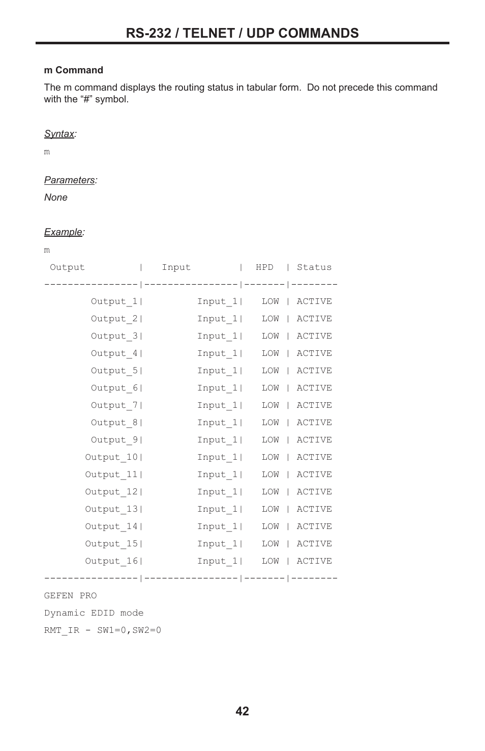 Rs-232 / telnet / udp commands | Gefen DVI MATRIX EXT-DVI-16416 User Manual | Page 46 / 72