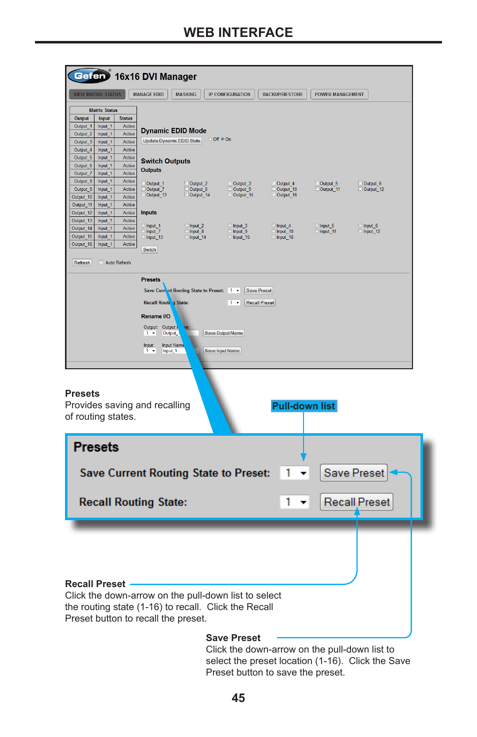 Web interface | Gefen DVI MATRIX EXT-DVI-16416 User Manual | Page 49 / 72