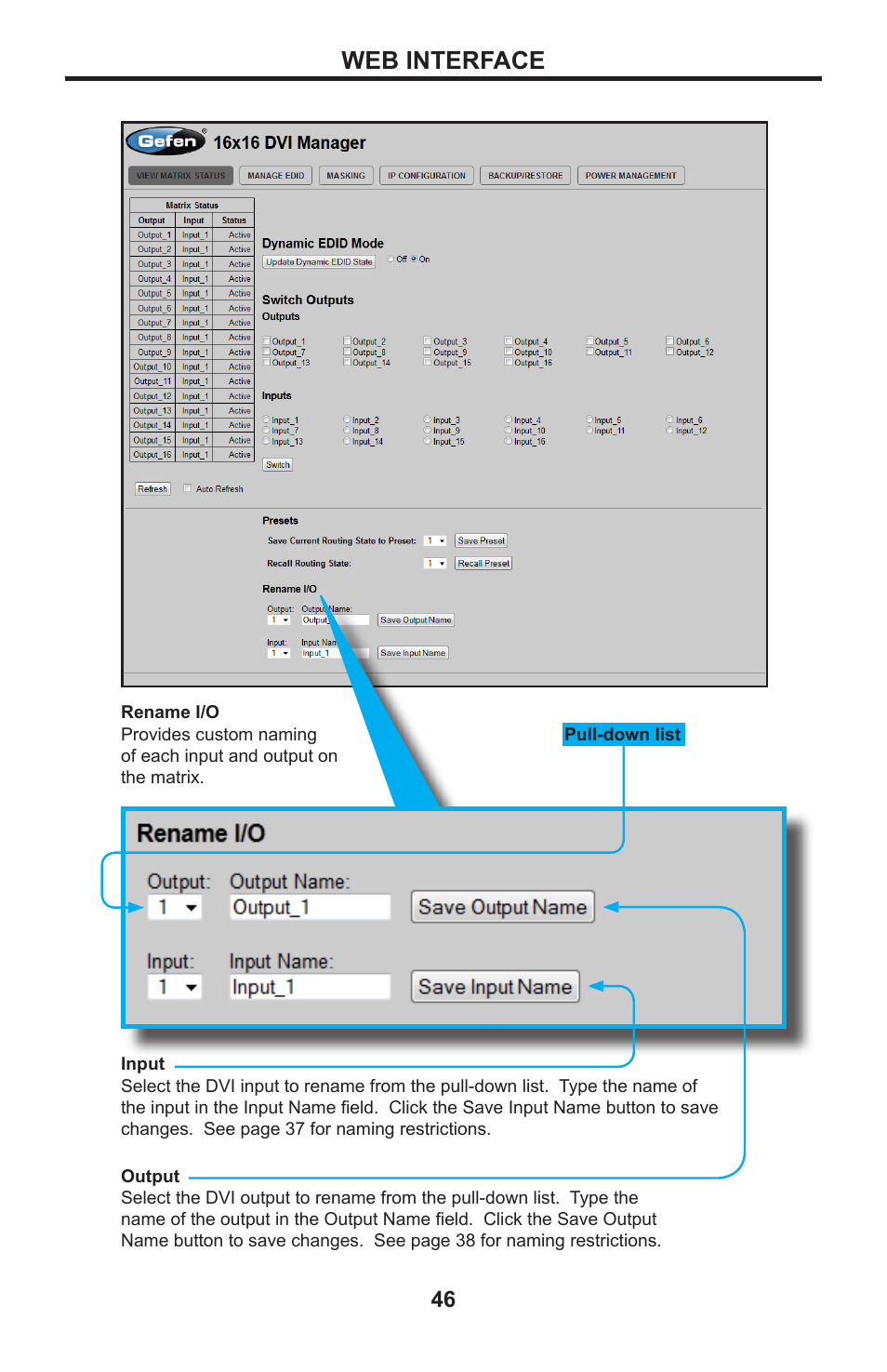 Web interface | Gefen DVI MATRIX EXT-DVI-16416 User Manual | Page 50 / 72