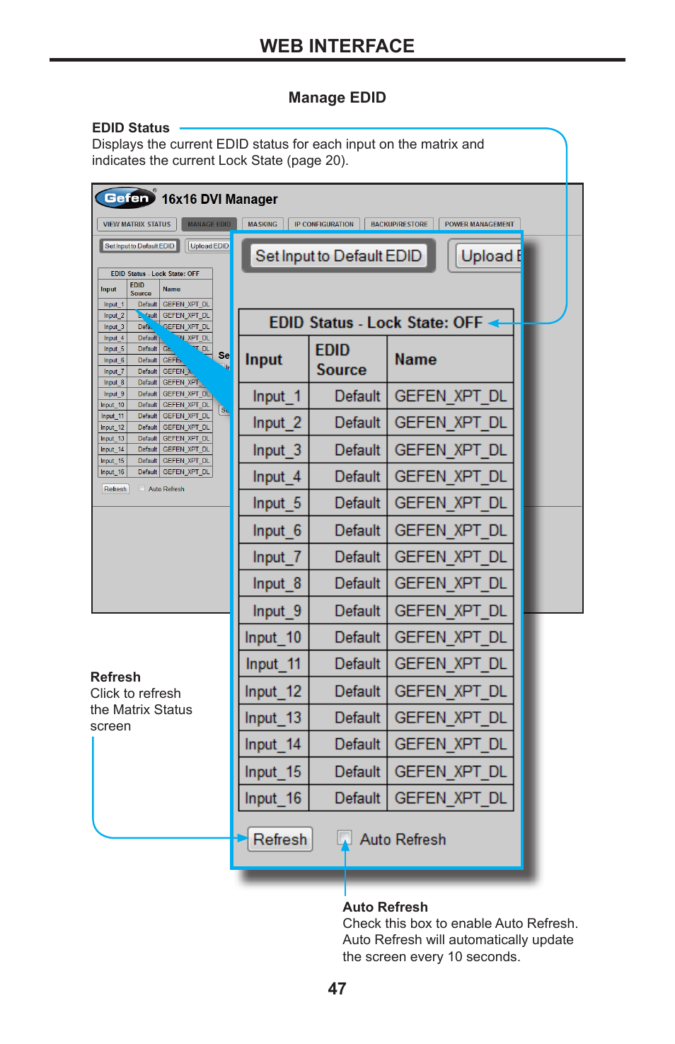 Web interface | Gefen DVI MATRIX EXT-DVI-16416 User Manual | Page 51 / 72