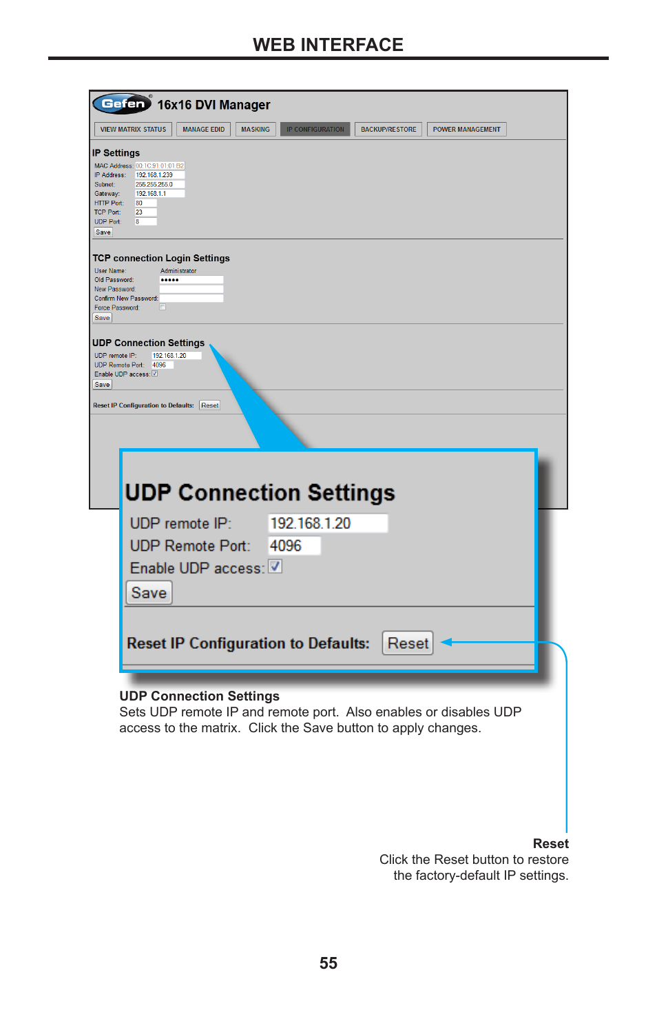 Web interface | Gefen DVI MATRIX EXT-DVI-16416 User Manual | Page 59 / 72