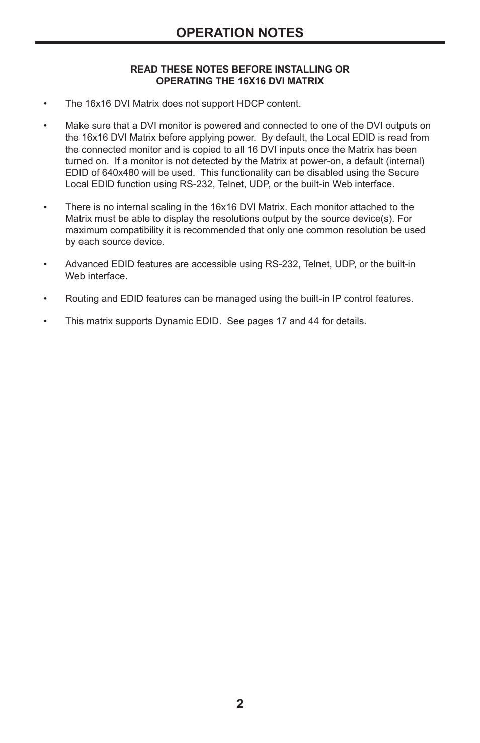 Operation notes | Gefen DVI MATRIX EXT-DVI-16416 User Manual | Page 6 / 72