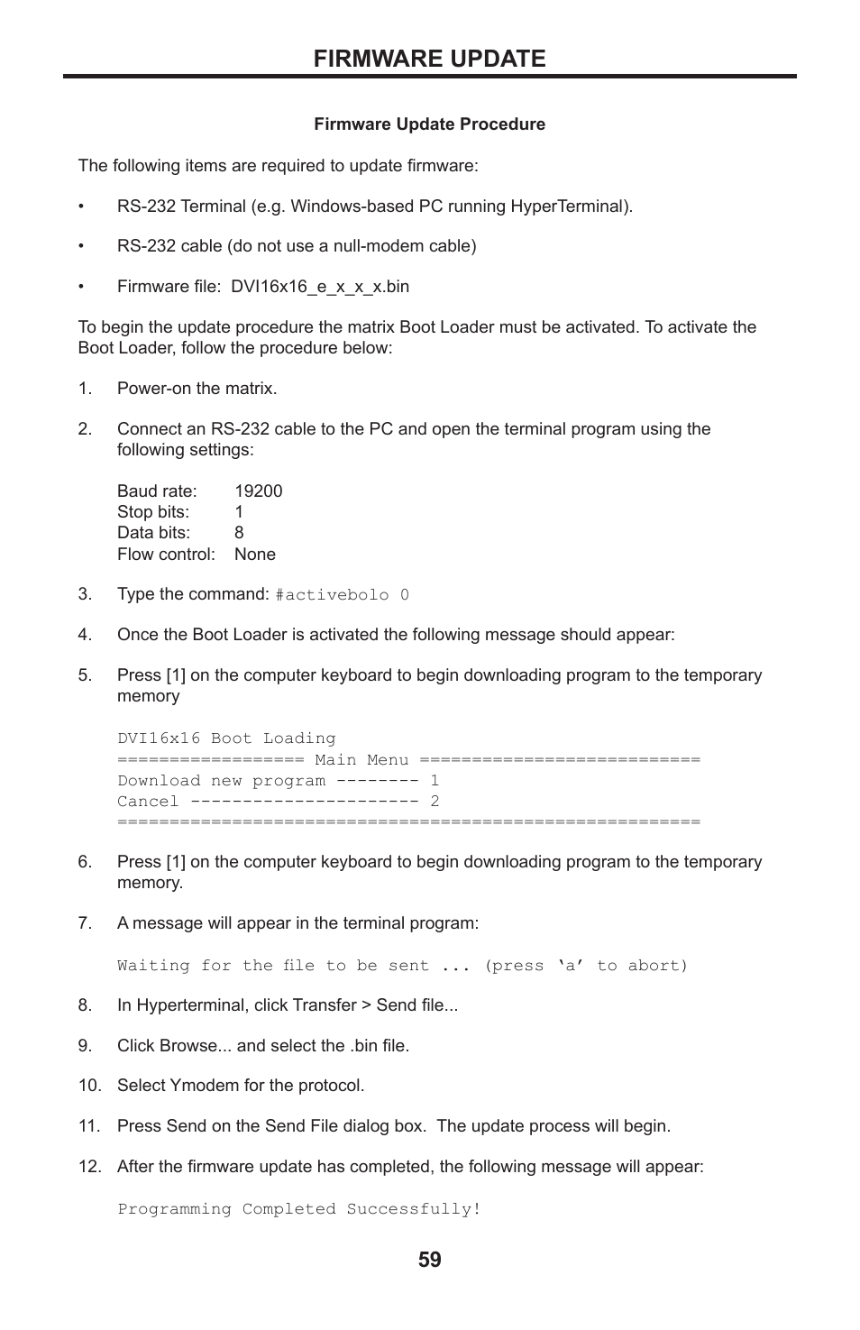 Firmware update | Gefen DVI MATRIX EXT-DVI-16416 User Manual | Page 63 / 72