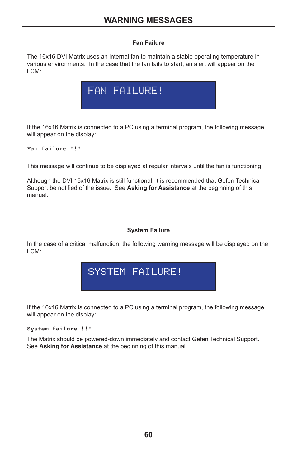 Warning messages, Fan failure! system failure | Gefen DVI MATRIX EXT-DVI-16416 User Manual | Page 64 / 72