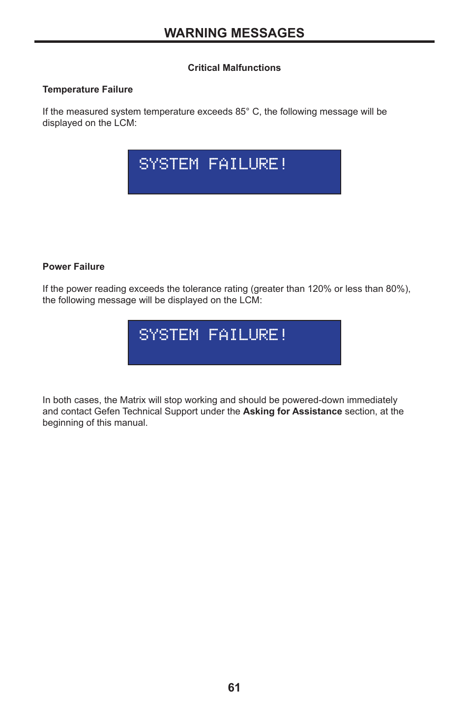 Warning messages system failure! system failure | Gefen DVI MATRIX EXT-DVI-16416 User Manual | Page 65 / 72