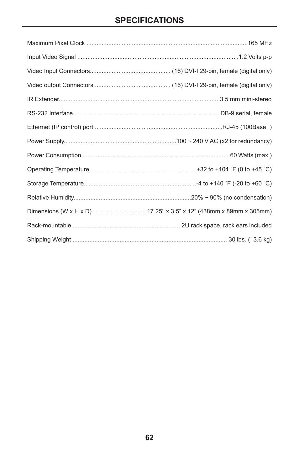 62 specifications, Specifications | Gefen DVI MATRIX EXT-DVI-16416 User Manual | Page 66 / 72