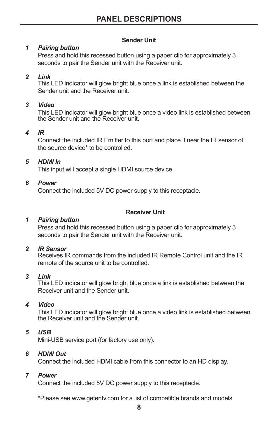 Panel descriptions | Gefen GTV-WHD-1080P-LR-BLK User Manual | Page 12 / 37