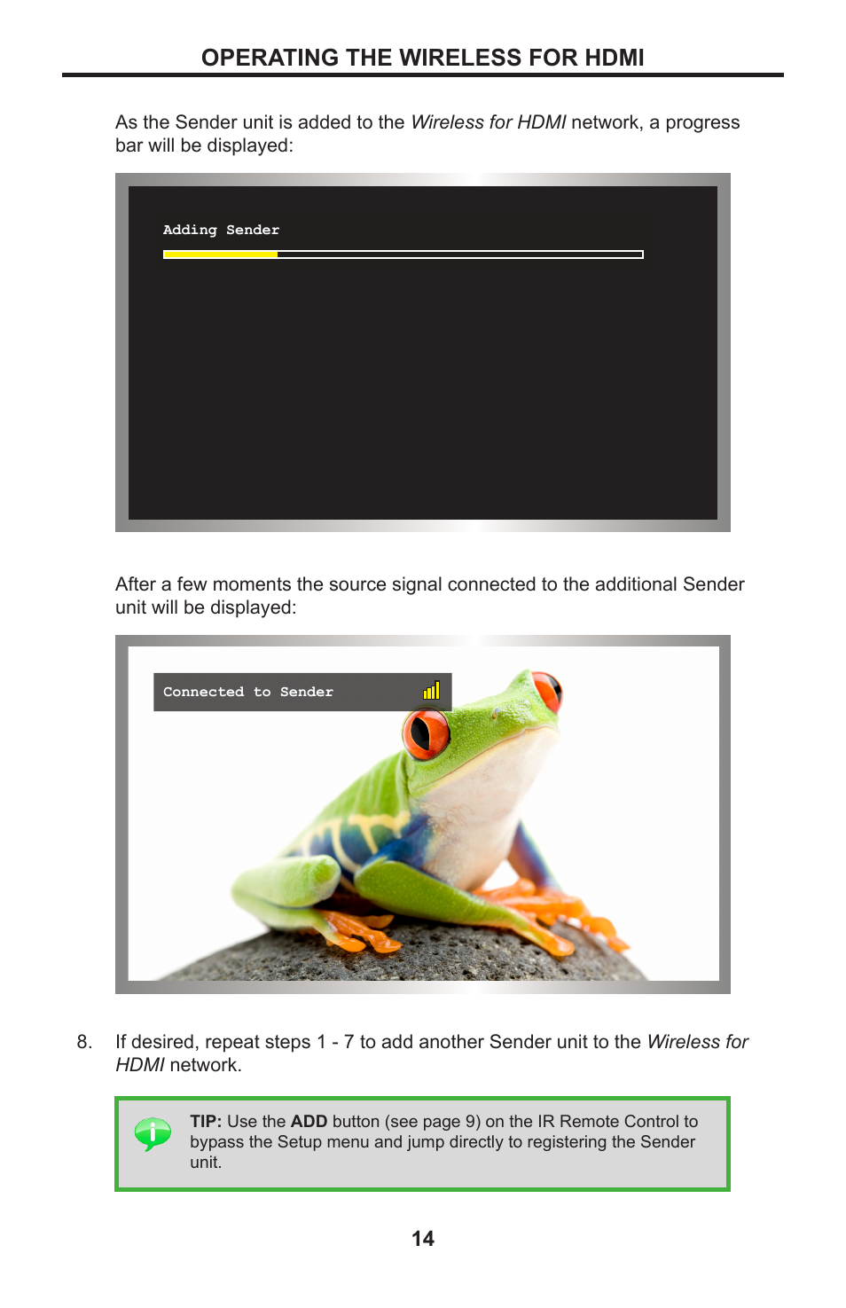 Operating the wireless for hdmi | Gefen GTV-WHD-1080P-LR-BLK User Manual | Page 18 / 37
