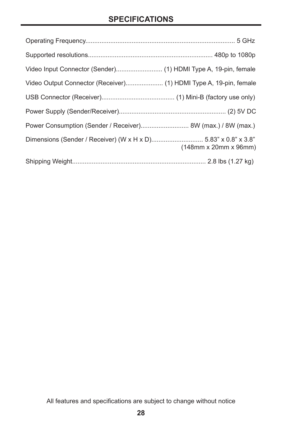 Specifications | Gefen GTV-WHD-1080P-LR-BLK User Manual | Page 32 / 37