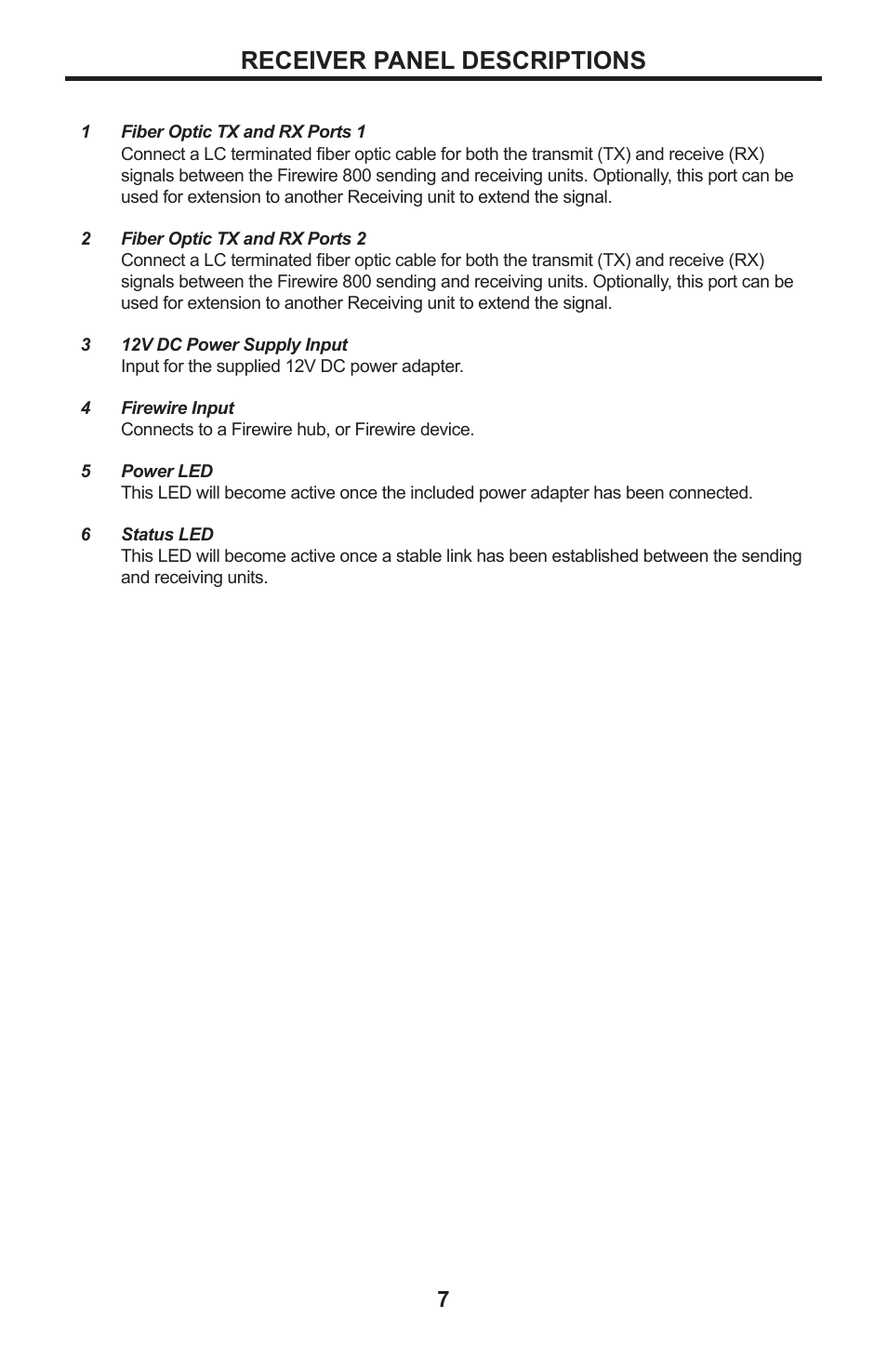 Receiver panel descriptions | Gefen Firewire 800 Extender Plus EXT-FW-1394BP User Manual | Page 11 / 16