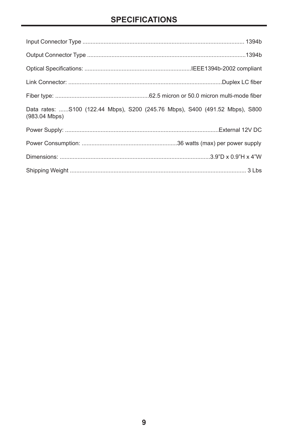 Specification, Specifications | Gefen Firewire 800 Extender Plus EXT-FW-1394BP User Manual | Page 13 / 16