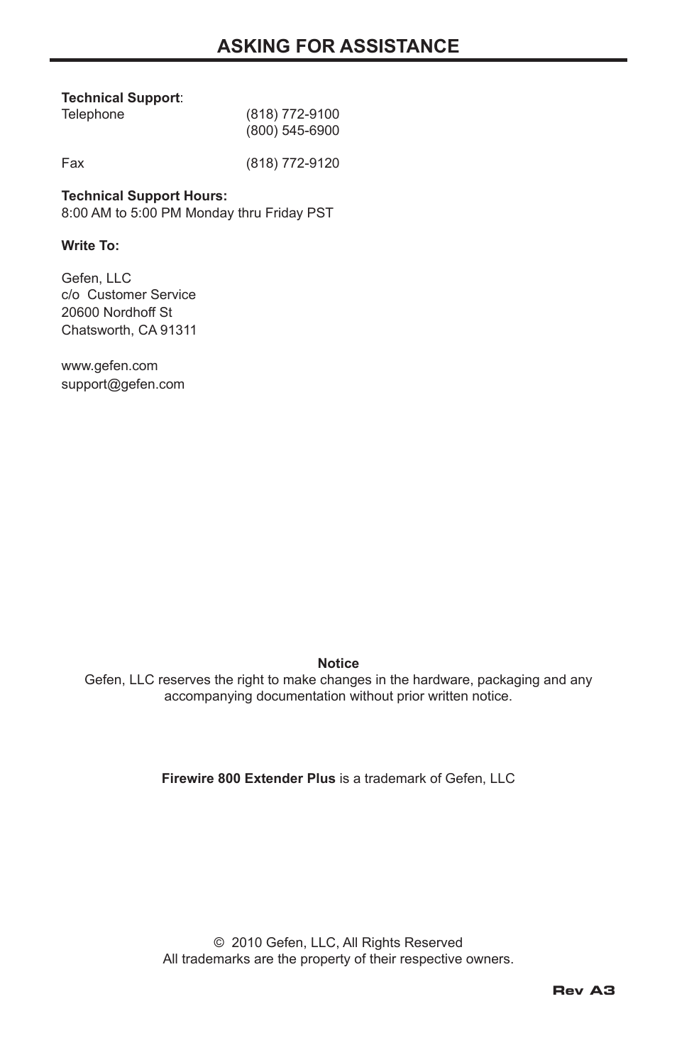 Asking for assistance | Gefen Firewire 800 Extender Plus EXT-FW-1394BP User Manual | Page 3 / 16
