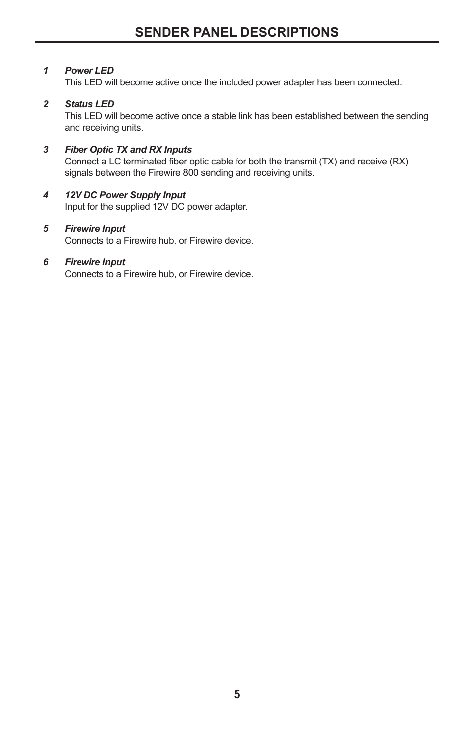 Sender panel descriptions | Gefen Firewire 800 Extender Plus EXT-FW-1394BP User Manual | Page 9 / 16