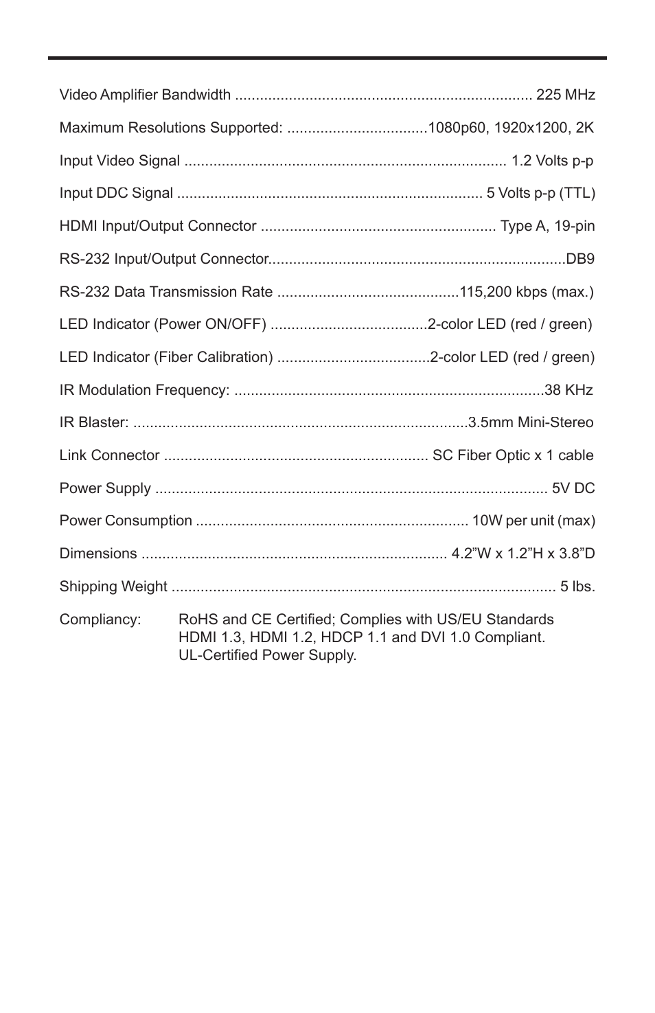 Specifications | Gefen EXT-HDMI1.3-1FO User Manual | Page 16 / 20