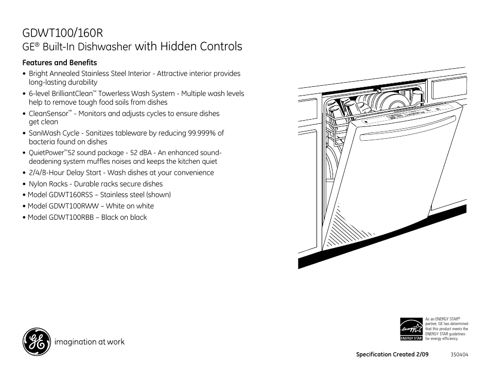 Gdwt160rss, With hidden controls, Built-in dishwasher | GE GDWT100 User Manual | Page 2 / 2