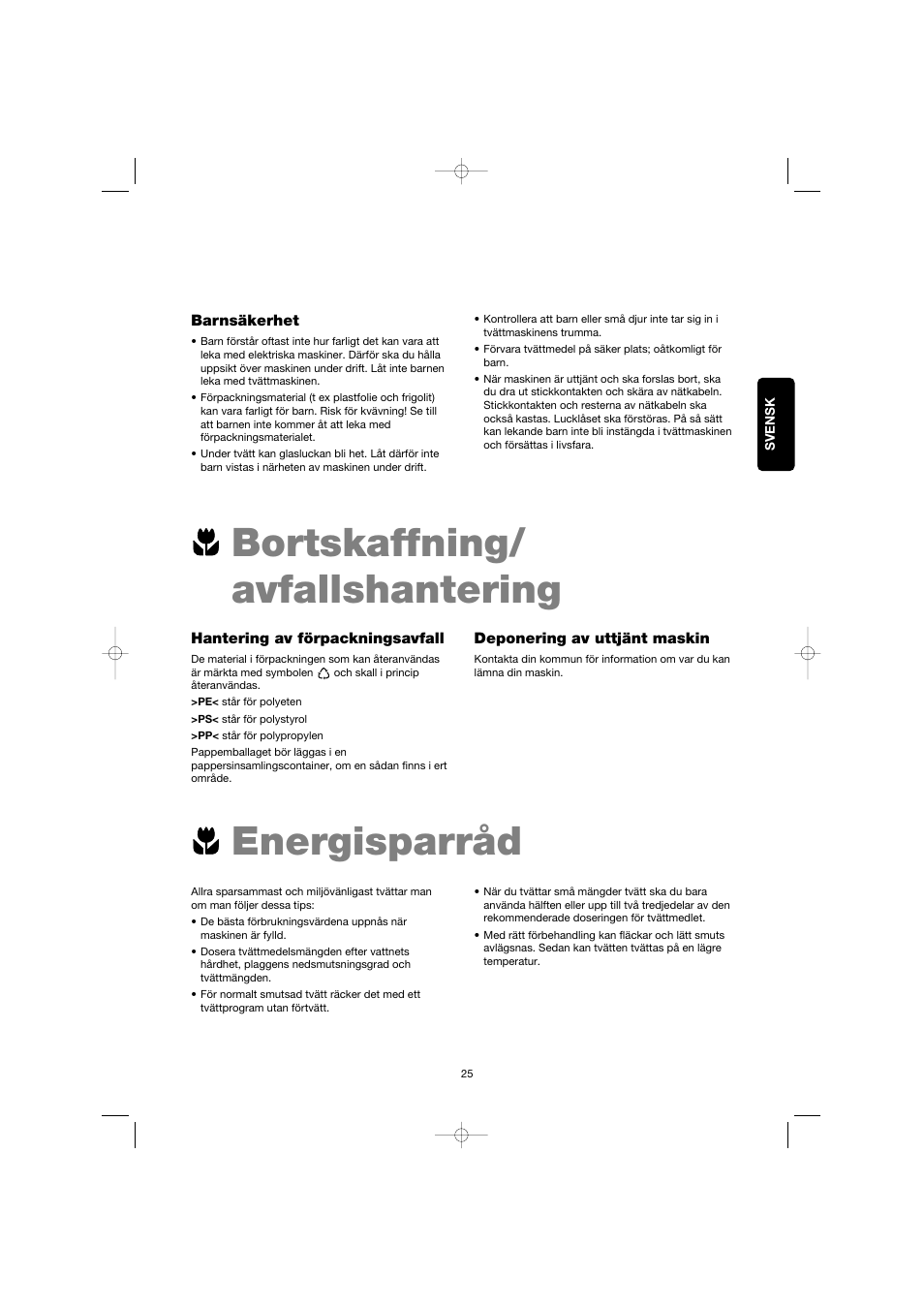 Bortskaffning/ avfallshantering energisparråd | Electrolux EW 1063 S User Manual | Page 25 / 86