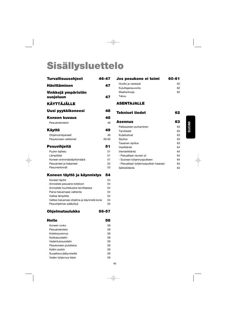 Sisällysluettelo | Electrolux EW 1063 S User Manual | Page 45 / 86