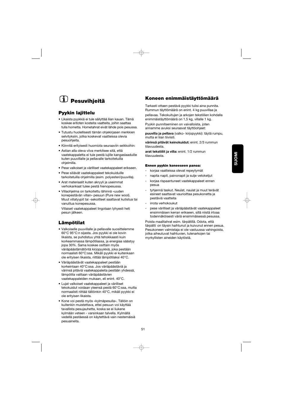 Pesuvihjeitä, Pyykin lajittelu, Lämpötilat | Koneen enimmäistäyttömäärä | Electrolux EW 1063 S User Manual | Page 51 / 86