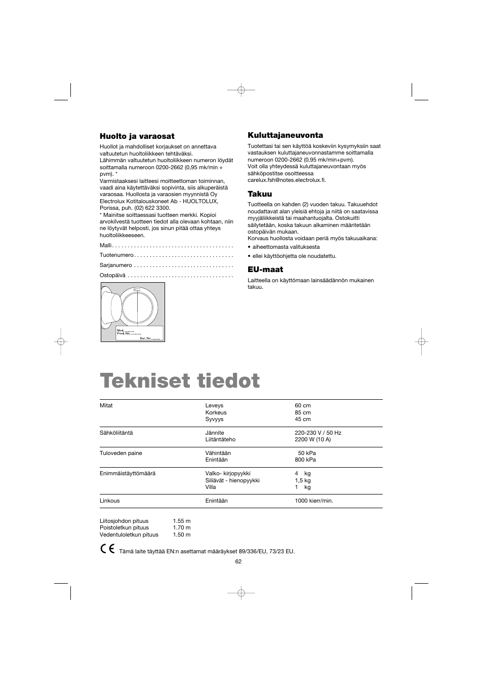 Tekniset tiedot | Electrolux EW 1063 S User Manual | Page 62 / 86