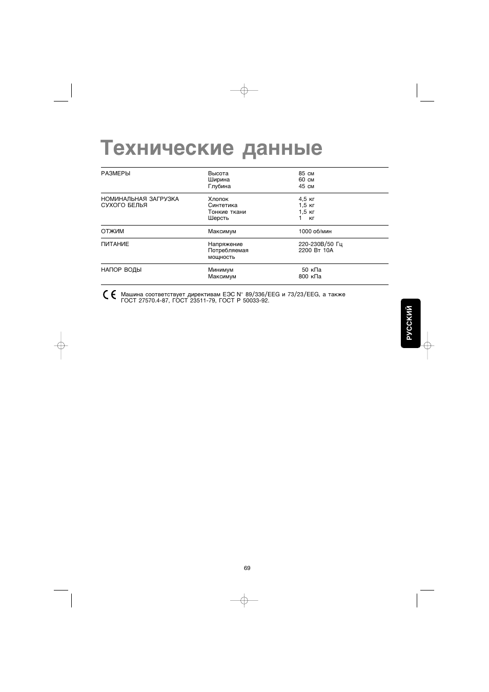 Tehni©eskie dannye | Electrolux EW 1063 S User Manual | Page 69 / 86