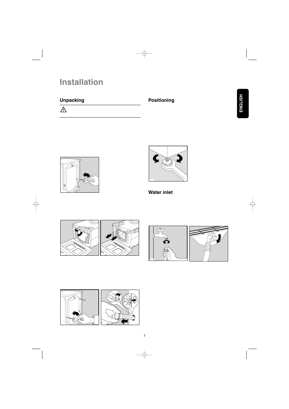 Installation, Unpacking, Positioning | Water inlet | Electrolux EW 1063 S User Manual | Page 7 / 86