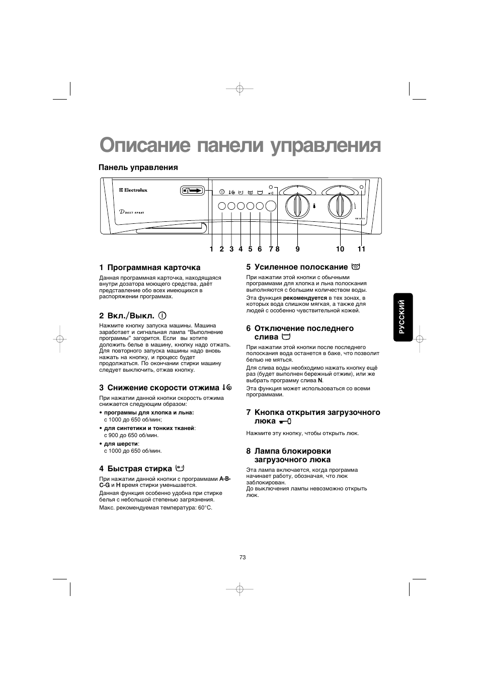 Opisanie paneli upravleniå | Electrolux EW 1063 S User Manual | Page 73 / 86