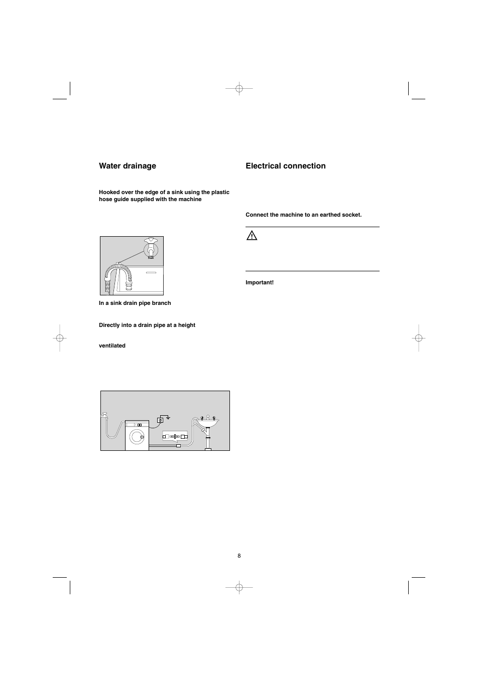 Water drainage, Electrical connection | Electrolux EW 1063 S User Manual | Page 8 / 86