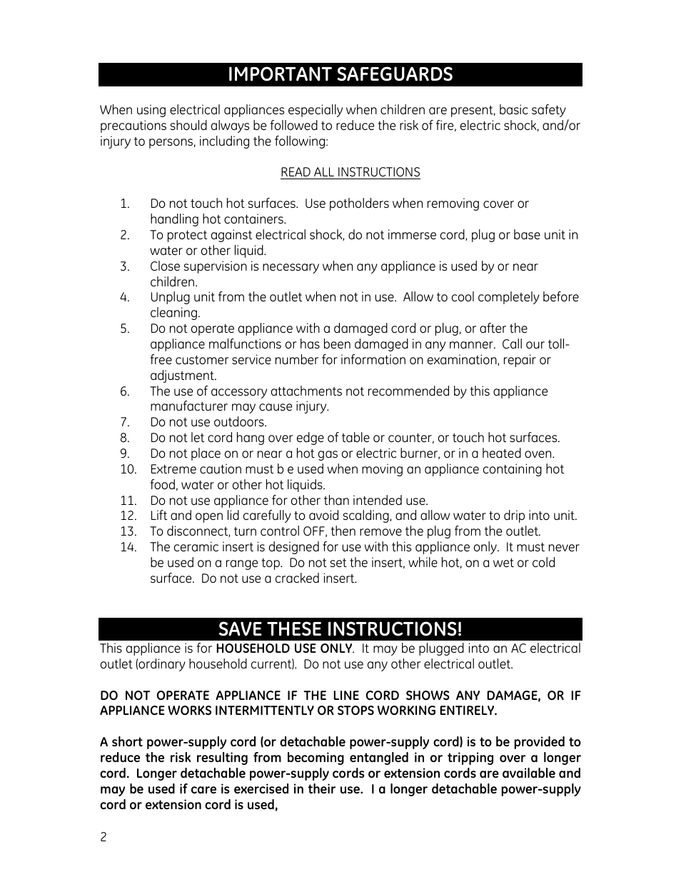 Important safeguards, Save these instructions | GE 169085 User Manual | Page 2 / 10