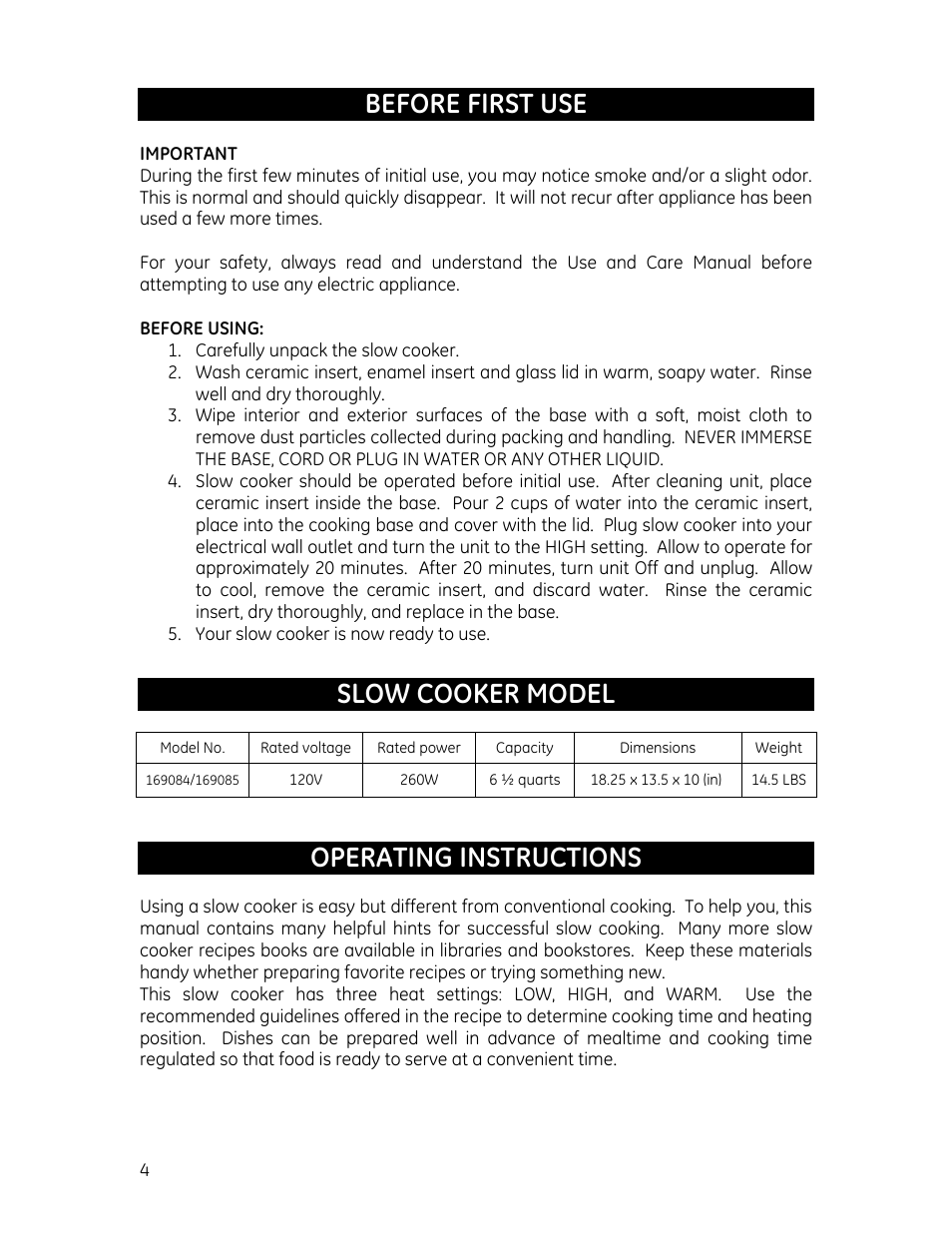 Before first use, Slow cooker model, Operating instructions | GE 169085 User Manual | Page 4 / 10