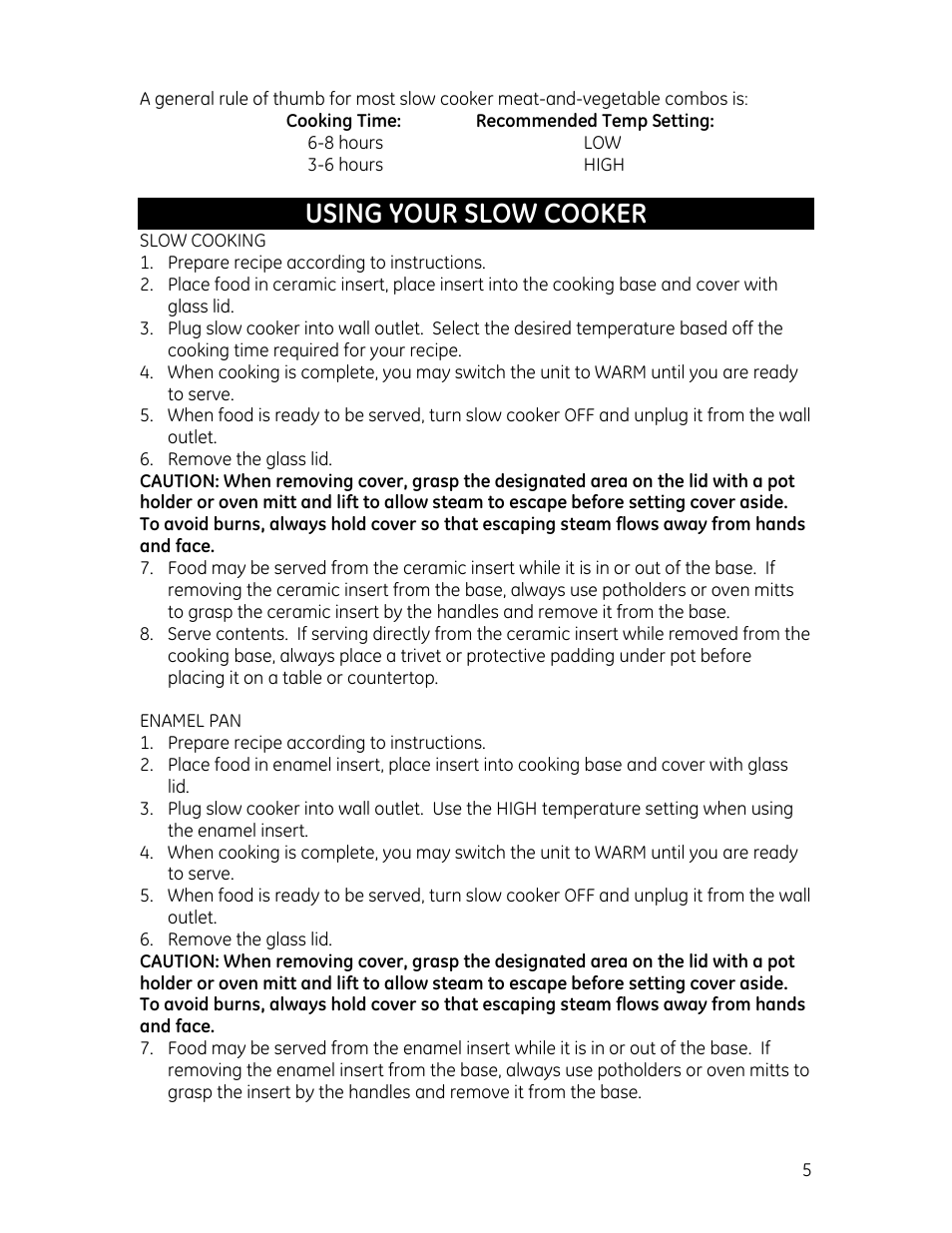 Using your slow cooker | GE 169085 User Manual | Page 5 / 10