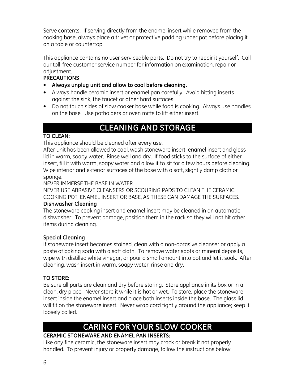 Cleaning and storage, Caring for your slow cooker | GE 169085 User Manual | Page 6 / 10
