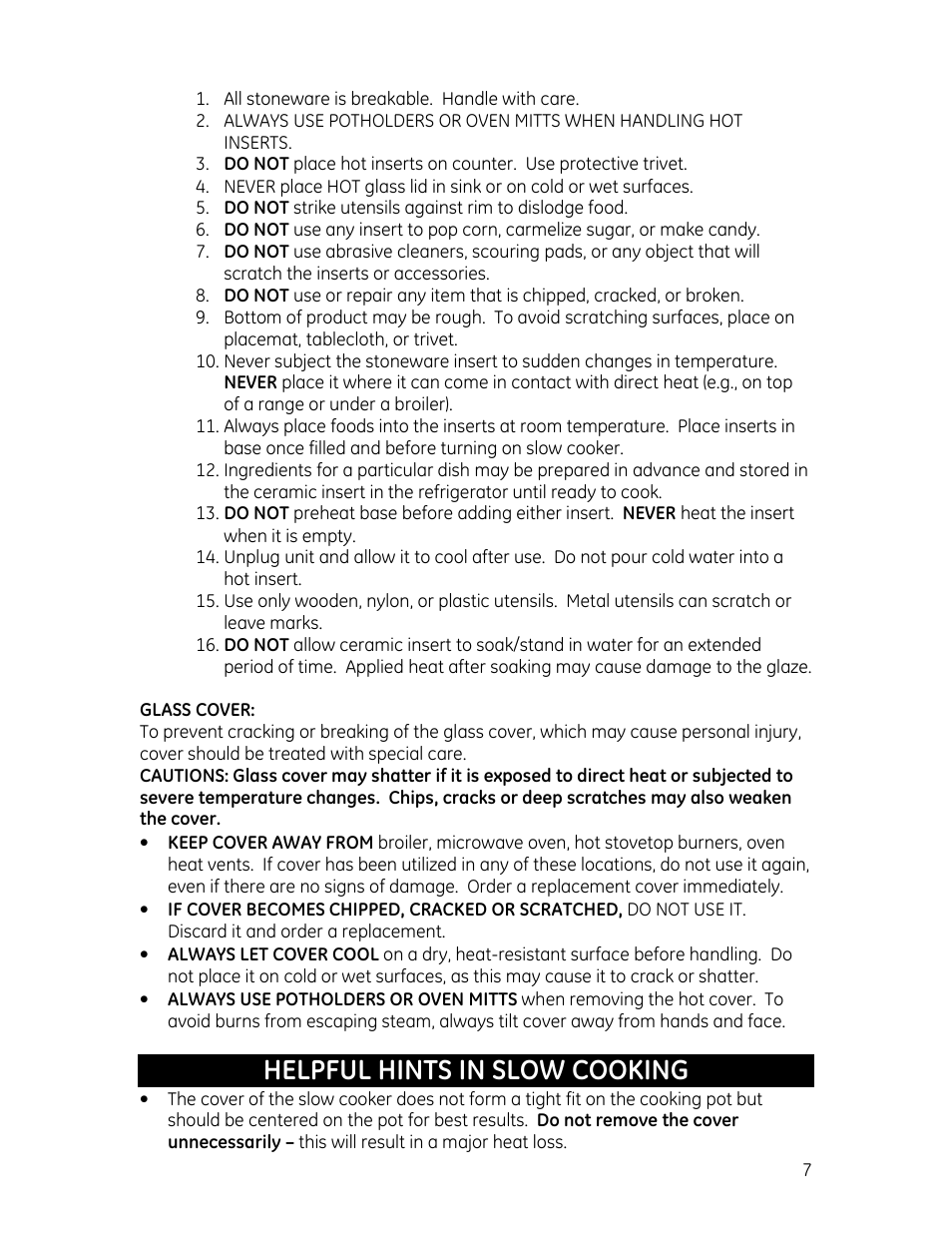 Helpful hints in slow cooking | GE 169085 User Manual | Page 7 / 10