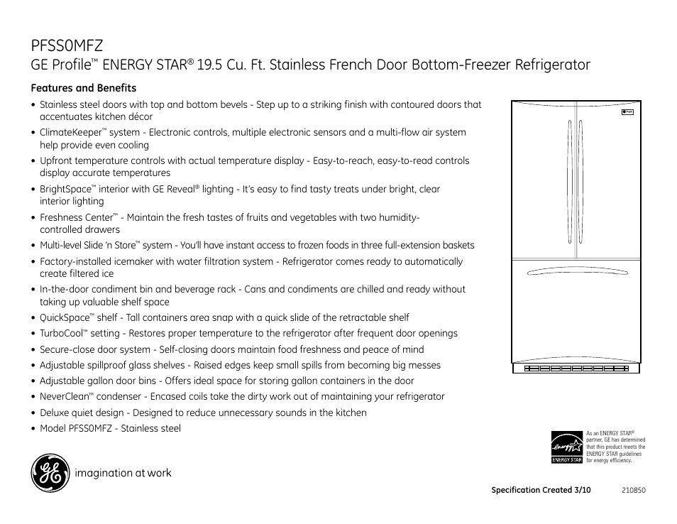 Pfss0mfz, Ge profile, Energy star | GE ENERGY STAR PFSS0MFZ User Manual | Page 2 / 2