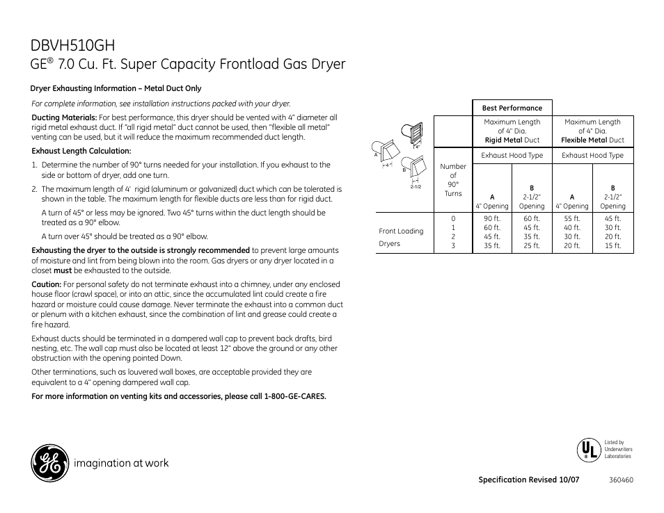 Dbvh510gh, 0 cu. ft. super capacity frontload gas dryer | GE DBVH510GHWW User Manual | Page 3 / 4