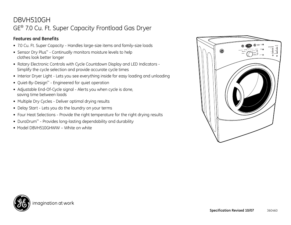 Dbvh510gh, 0 cu. ft. super capacity frontload gas dryer | GE DBVH510GHWW User Manual | Page 4 / 4