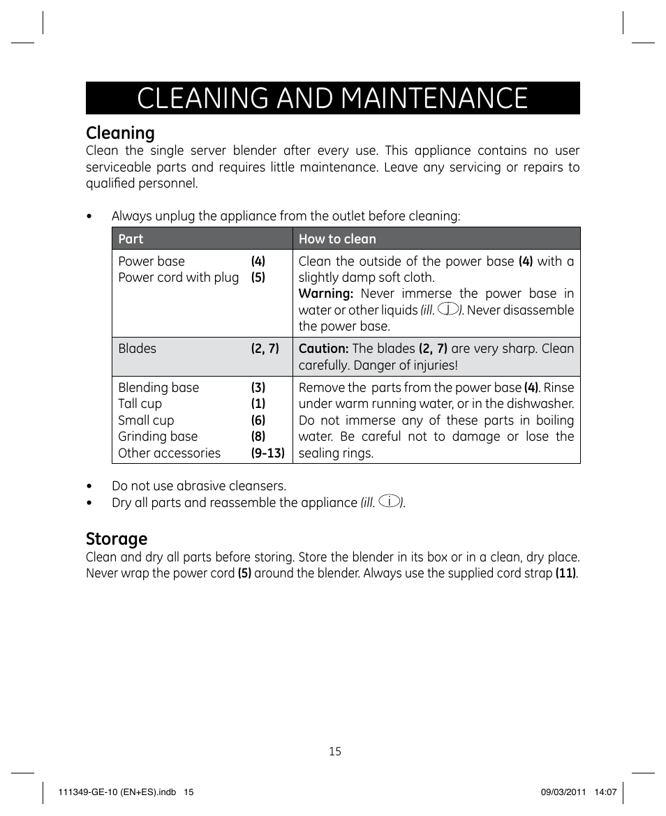 Cleaning and maintenance, Cleaning, Storage | GE 898679 User Manual | Page 15 / 19