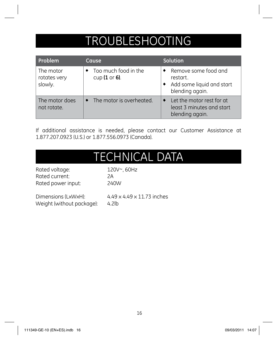 Troubleshooting, Technical data | GE 898679 User Manual | Page 16 / 19