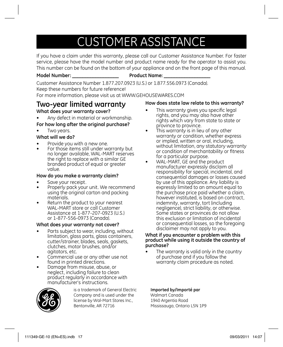 Customer assistance, Two-year limited warranty | GE 898679 User Manual | Page 17 / 19