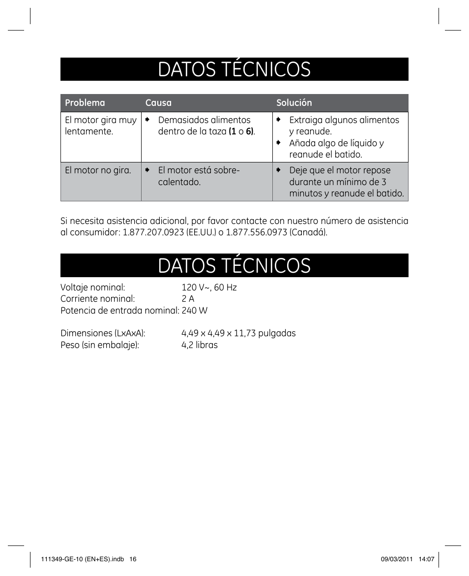 Datos técnicos | GE 898679 User Manual | Page 18 / 19