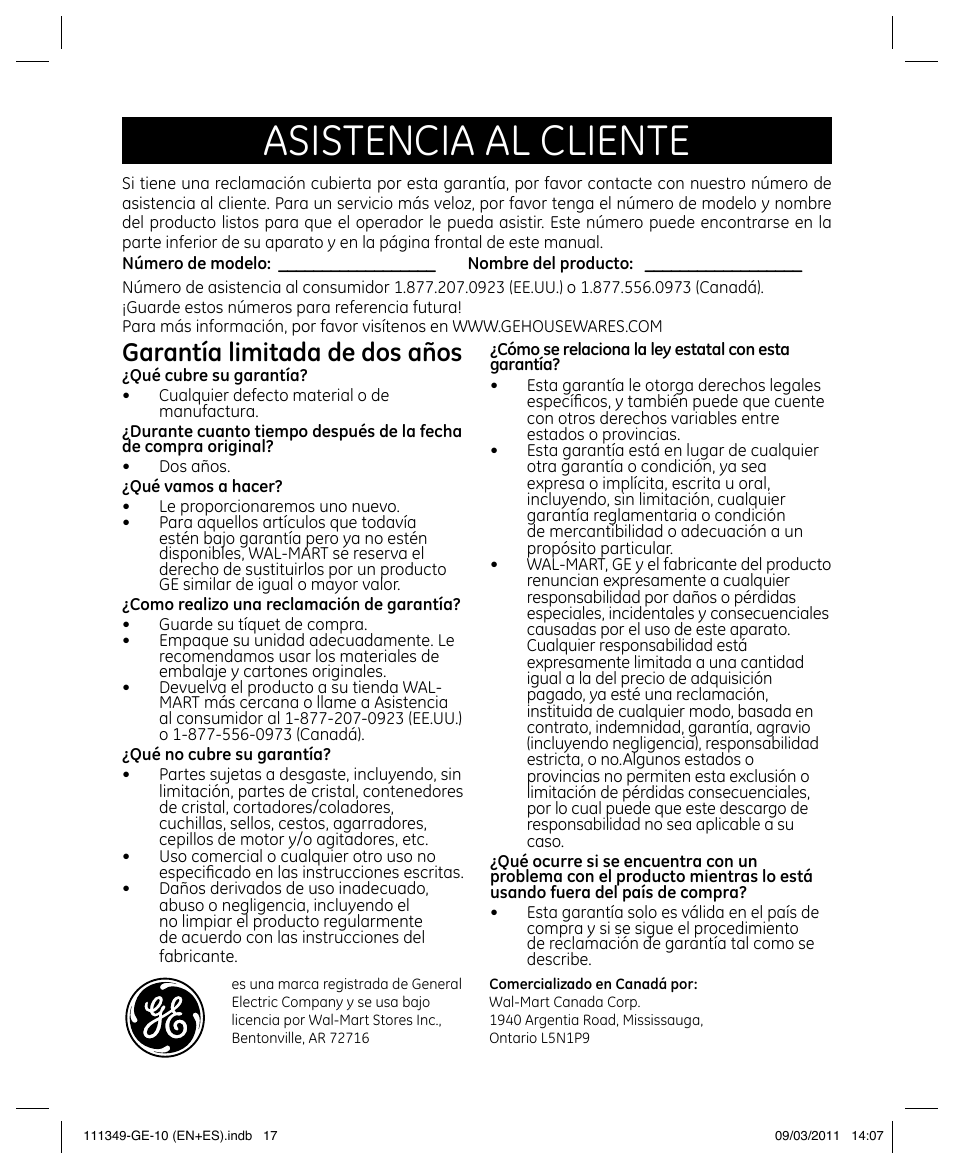 Asistencia al cliente, Garantía limitada de dos años | GE 898679 User Manual | Page 19 / 19
