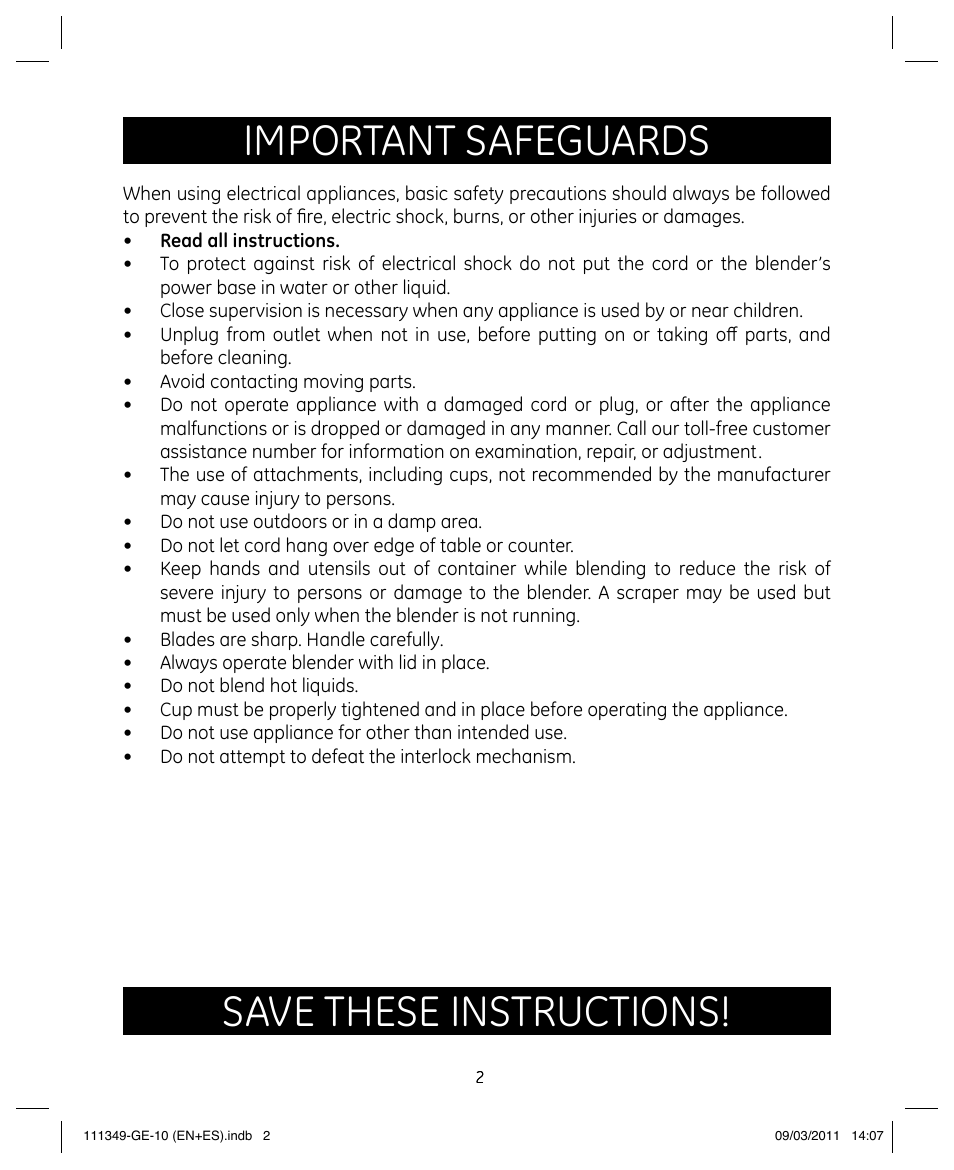 Important safeguards, Save these instructions | GE 898679 User Manual | Page 2 / 19