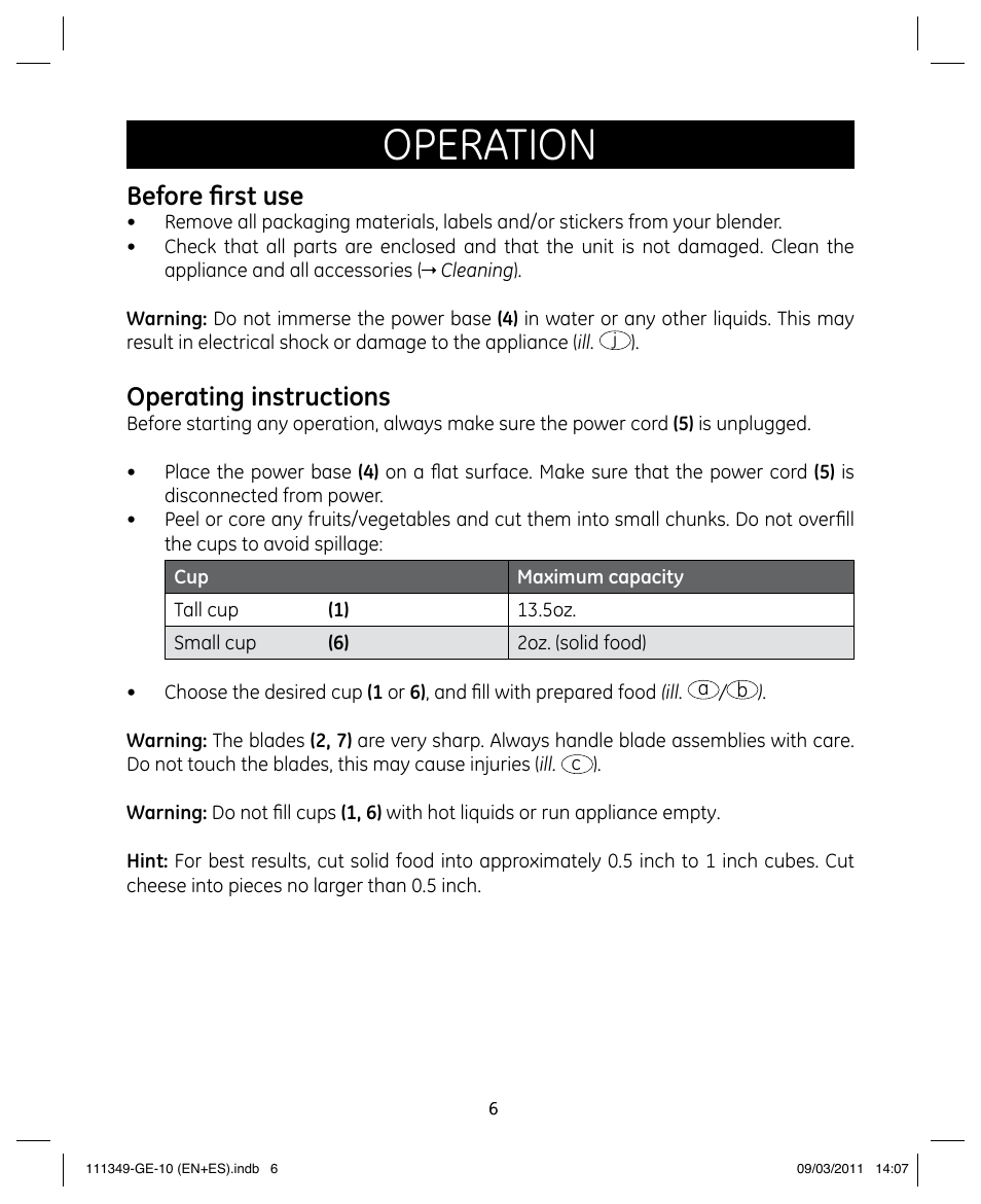 Operation, Before first use, Operating instructions | GE 898679 User Manual | Page 6 / 19