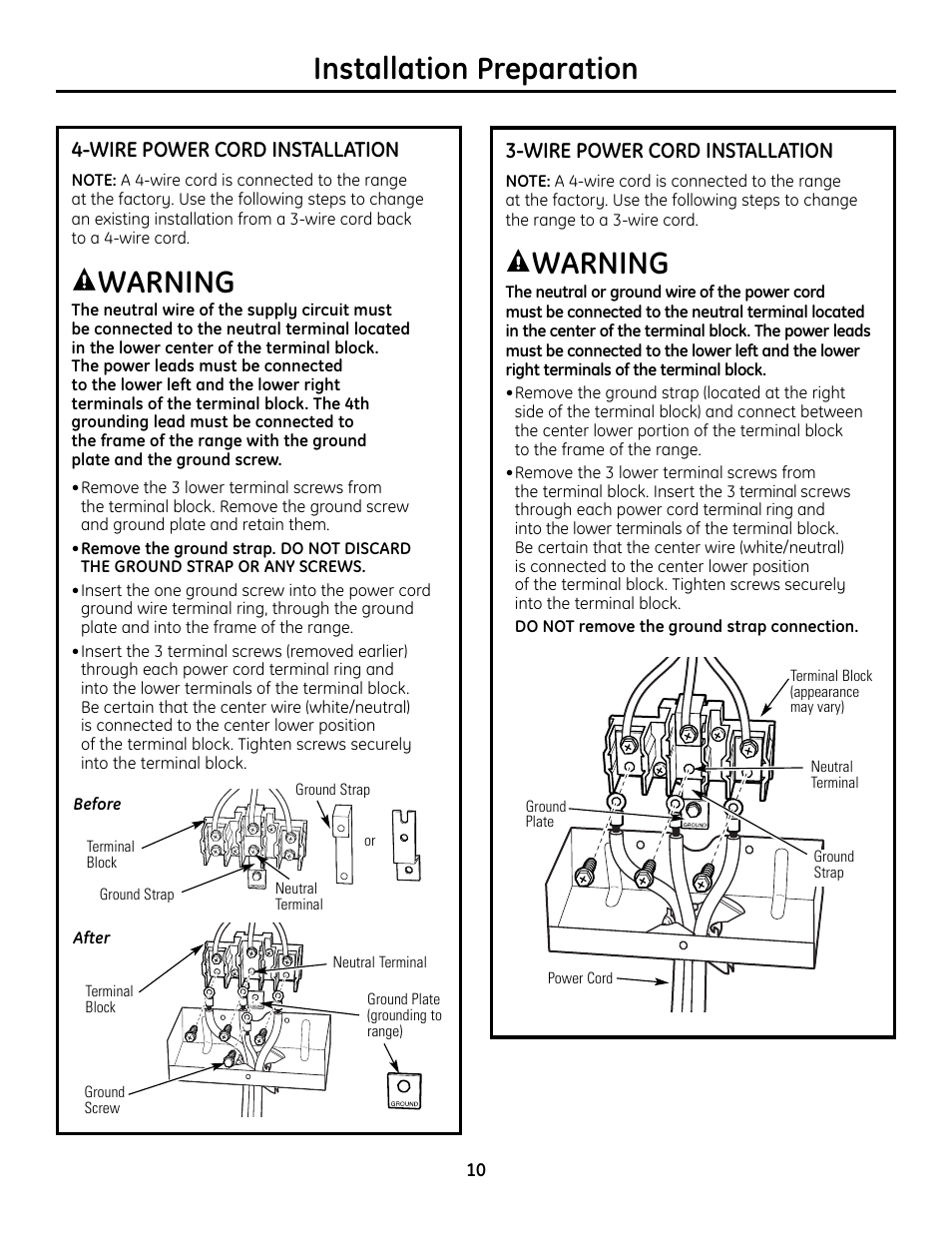 Installation preparation, Warning | GE Monogram ZDP364LD User Manual | Page 10 / 68